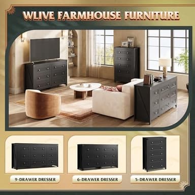 WLIVE Farmhouse 5 Drawer Dresser for Bedroom, Wood Dresser Storage Organizer, Tall Black Dressers with Double Rustic Handle, Chest of Drawers for Living Room, Hallway, Closet - Image 9