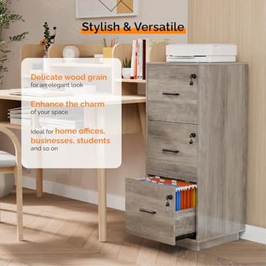VINGLI 3 Drawer File Cabinet with Lock, Home Office Filing Organizer, for Letter Size File Folder Storage, Wood Tall Vertical Filing Cabinet, Printer Stand, Archivador (Rustic Gray) - Image 6