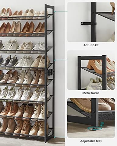 SONGMICS Shoe Rack, 8-Tier Shoe Organizer, Metal Rack for Garage, Set of 2, 4-Tier Stackable Shelf, with Adjustable Flat or Angled Shelves, 32-40 Pairs, Ink Black ULMR08B - Image 5
