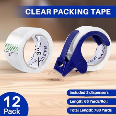 RAZCC Clear Packing Tape, 12 Rolls Heavy Duty Packaging Tape with Dispensers for Packing Shipping Moving and Sealing, Thicker Packing Tape-2" x 65 Yards Per Roll, 780 Total Yards - Image 2