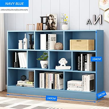 IOTXY Open Shelf Low Bookcase - Wooden 3-Tier Floor Standing Display Cabinet Organizer with Base, 10 Cubes Short Horizontal Bookshelf in Bright Blue - Image 2