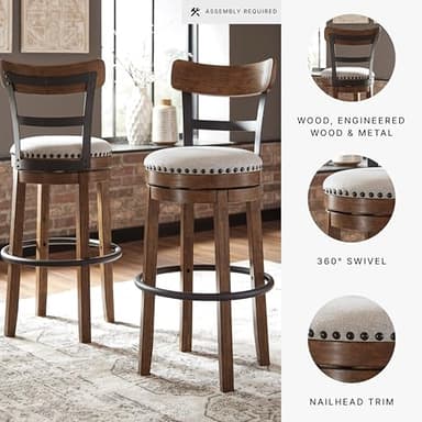 Signature Design by Ashley Valebeck | 30″ Farmhouse Pub-Height Swivel Barstool – Upholstered Cushion, Nailhead Trim, Metal & Wood Frame, Brown - Image 6