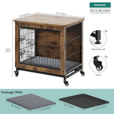YITAHOME Dog Crate Furniture with Cushion, Dog Kennel Indoor with Wheels, 27" Dog Cage with Double Doors for Small Dog (Rustic Brown) - Image 3