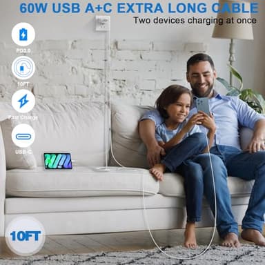 10FT iPhone 17/16e Fast Charger,2Pack 20W Dual Port USB C+A Power Adapter 10Foot Long USB C to C Fast Charging Cable Cord Quick Charging for iPhone 17 Air/17 Pro/17 Pro Max/16/16 Pro/15/15 Pro/Pro Max - Image 6