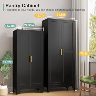 Metal Pantry Cabinet with 2 Doors and 5 Adjustable Shelves, 75" Kitchen Storage cabinets with Gold Handles, Versatile Storage for Laundry Room, Living Room, Bathroom, Dinning Room, Utility Room-Black - Image 2
