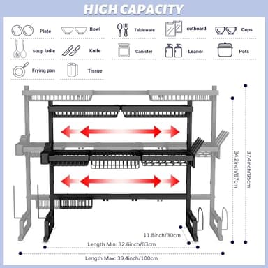 ADBIU Over The Sink Dish Drying Rack (Expandable Height and Length) Snap-On Design 2 Tier Large Dish Rack 31-39.4L x 12W x 34-38H inches - Image 2
