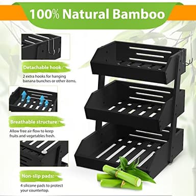 Gmtsl Bamboo Fruit Basket for Kitchen – 3 Tier Fruit Bowl For Kitchen Counter, Large Fruit Holder With 2 Banana Hangers, Idea For Fruit and Vegetable Storage, Bread Basket, Snack Organizer(BLACK) - Image 2