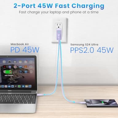 2Port 45W Super Fast Charger Type C, 2Pack 45W USB-C Charger Fast Charging for Samsung Galaxy S24 Ultra/S24+/S24/S23 Ultra/S23+/S22/S20/Note10+ with 2X 10ft Type C Cord (Purple) - Image 3
