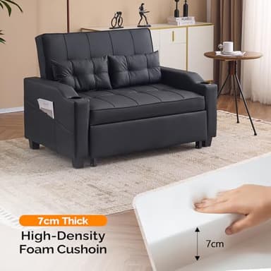 VINGLI Convertible Loveseat Sleeper, Black Faux Leather Futon Sofa Bed Pullout Couch Bed with USB Ports, Cup Holders, Armrest for Living Room, Bedroom, Home Office Apartment - Image 4