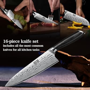 HOSHANHO 16-Piece Knife Set with Block, Ultra Sharp High Carbon Powder Steel Knife Block Set, Chef Knife Set Professional Kitchen Knives Set with Sharpener and Pakkawood Handle - Image 5