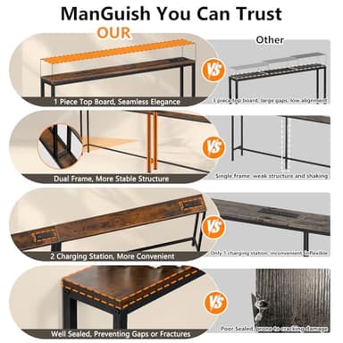 ManGuish 94.4" Long Console Table with Charging Station, Sofa Table with 2 Power Outlets & 2 USB Ports, Metal Frame, with Extension Cord, Behind Couch Table for Living Room Entryway, Rustic Brown - Image 4