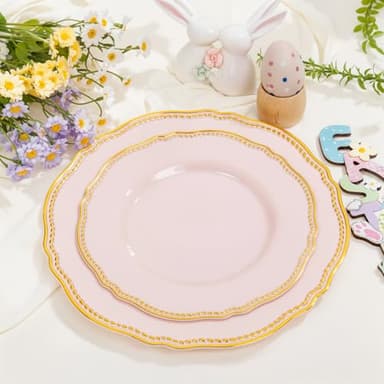 Hioasis 60pcs Pink Plastic Plates - Pink and Gold Disposable Dinnerware with Gold Rim, Heavy-duty, 10.25 inch, Dinner Plates for Party & Wedding - Image 4