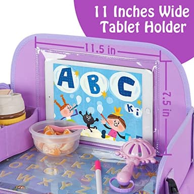 MENZOKE Car Seat Tray for Kids Travel, Kids Travel Tray with Educational Drawing Board, Tablet Holder & Cooler Cup Holder, Holiday Gifts for Car Trip, Purple - Image 7