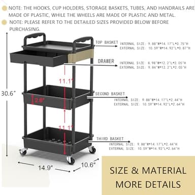 Goovilla 3 Tier Rolling Utility Cart Organizer with Removable Drawer, Stable and Sturdy Black Rolling Storage Carts with 2 Lockable Wheels for Bathroom, Kitchen, Snack, Craft, Makeup, Baby Essentials - Image 8