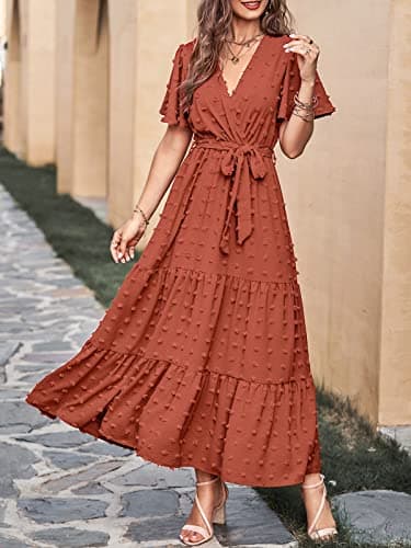 MASCOMODA Womens Boho Swiss Dot Maxi Dresses Wrap V Neck Flutter Short Sleeve Solid Tie Belt A Line Tiered Flowy Long Dress(Orange,X-Large) - Image 2