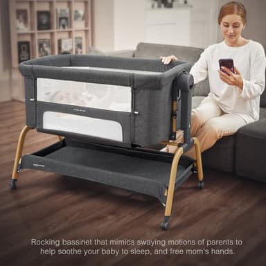 ANGELBLISS 3 in 1 Baby Bassinet, Rocking Bassinets Bedside Sleeper with Comfy Mattress and Wheels, 6 Height Adjustable Easy Folding Portable Bedside Crib for Newborn Infant - Image 7