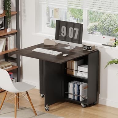 3imothrix Folding Dining Table, Small Dining Table, Space Saving Dining Table with 6 Wheels, Kitchen Table Sewing Table for Small Spaces (Black Dark Brown) - Image 5