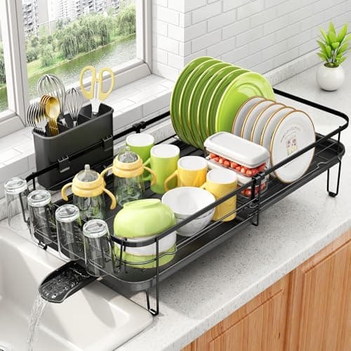 SNTD Dish Drying Rack, Expandable Dish Rack for Kitchen Counter, Metal Dish Drainer with Utensil & Cup Holder 13.8"-22.6" L x 12.1" W (Black) - Image 1