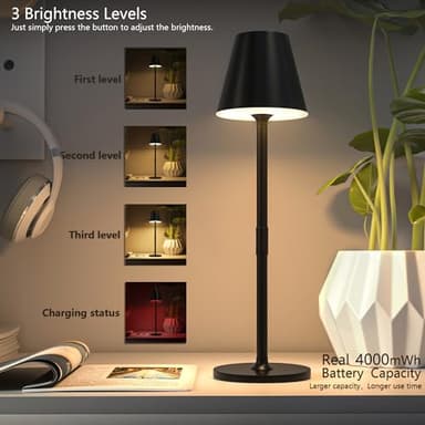 Timjorman 2 Pack LED CordlessTable Lamp,4000mAh Rechargeable Battery Desk lamp,3 Level Brightness Night Light,Minimalist Design, for Couple Dinner/Coffee Table/Restaurant/Bedroom(Black 2pack) - Image 2