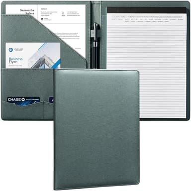 Mymazn Padfolio Portfolio Folder, Faux Leather Interview Resume Folder with Document Organizer & Business Card Holder, Letter-Sized Notepad Legal Pad Holder for Men Women (Grey Green) - Image 1