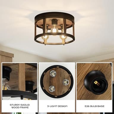 MAYNA 3-Light Retro Farmhouse Flush Mount Round Vintage Metal and Wood Ceiling Light Fixtures, Rustic Ceiling Lamp for Kitchen, Hallway, Entryway, Bedroom, Dining Room - Image 4