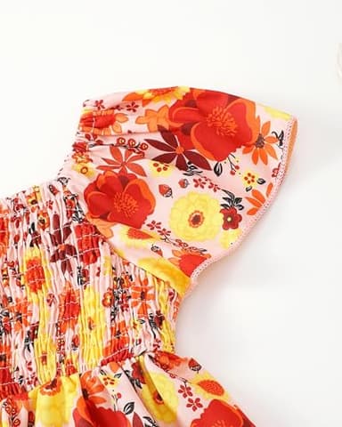 Baby Girl Clothes 12 18 Months Infant Spring Summer Outfits 12 Month Girl Clothes Short Sleeve Orange Sunflower Square Neck Smocked Shirt Bell Bottom Denim Pants Flare Jeans Clothing - Image 5