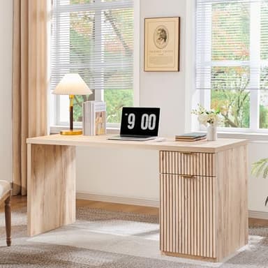 JXQTLINGMU 60" Modern Executive Desk with Storage, Wood Home Office Desk with Drawer & Cabinet, Fluted Computer Writing Desk for Study, Living Room, Bedroom, Oak - Image 1
