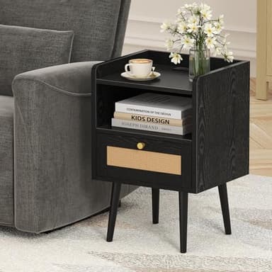 Night stand Set of 2, Bedside Tables with Charging Station, Rattan End Tables, Bed Side Tables, Wood Nightstands set of 2 for Farmhouse Kids' Room Bedroom Living Room Dorm Sofa Office Corner(Black) - Image 5