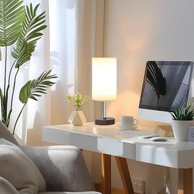 Small Bedside Table Lamp for Bedroom - 3 Way Dimmable Touch Lamp with USB Charging Station and AC Outlet, Wood Base & Fabric Linen Lampshade for Office, Living Room, Dorm, Brown-White, (LED Included) - Image 7