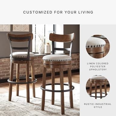 Signature Design by Ashley Valebeck | 30″ Farmhouse Pub-Height Swivel Barstool – Upholstered Cushion, Nailhead Trim, Metal & Wood Frame, Brown - Image 7