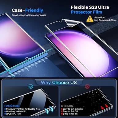 FANGTIAN 3-Pack for Samsung Galaxy S23 Ultra/S22 Ultra Screen Protector [Auto Alignment] - Film for S23 Ultra Screen Protector-[Easy Installation][Fingerprint Compatible][Not Glass][6.8Inch] - Image 5