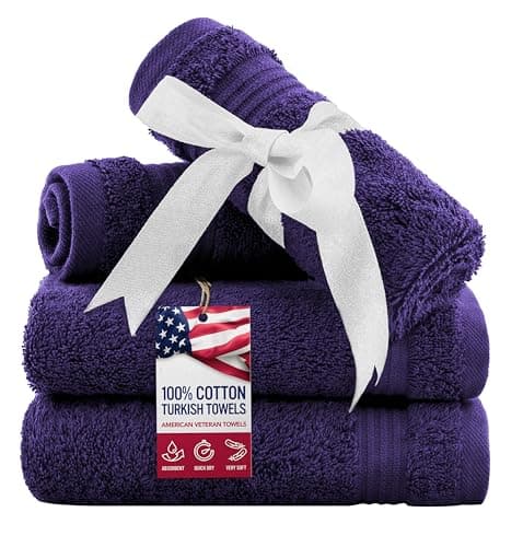 American Veteran Towel, 100% Cotton Turkish Washcloths for Bathroom Essentials 4 Pack, Soft Absorbent Wash Cloths Quick Drying Small Towels Washrags, Purple - Image 1