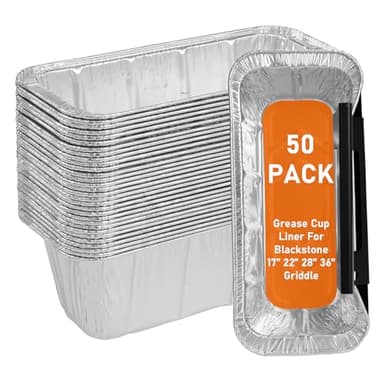 Whaleme 50-Pack 5017 Griddle Grease Cup Liners Aluminum Foil Drip Pan Grease Catcher Cup Liner for Griddle 17, 22, 28, 36 Inch Griddle, Disposable Grill Grease Trays - Image 1