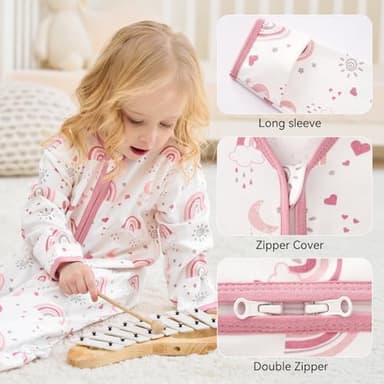 FIEMOL Baby Sleep Sack 6-12 Months, Long Sleeve Baby Wearable Blanket 0.5 Tog with Mittens, 2-Way Zipper Infant Cotton Sleeping Sack for Boy and Girl Pink Rainbow 2 Pack (Medium - Image 3