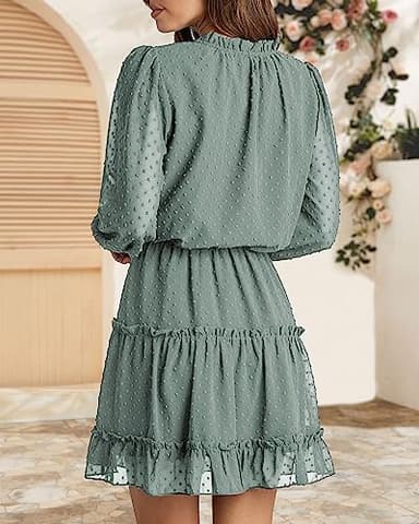 BTFBM Long Sleeve Fall Dresses for Women 2025 Summer Casual Tie Neck Ruffle Tiered A Line Wedding Guest Short Mini Dress(Dot Green, Medium) - Image 5