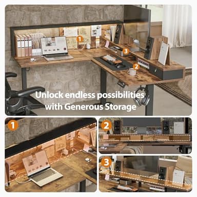 Agilestic L-Shaped Electric Standing Desk, 63x55 Inch Ergonomic Adjustable Height Desk with Storage, Stand Up Corner Desk Sit Stand Computer Table Power Outlet & LED Lights, Office Table, Rustic Brown - Image 4