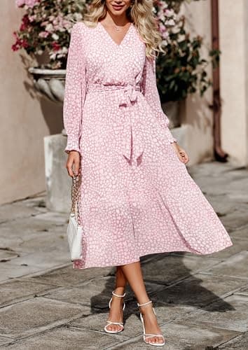 PRETTYGARDEN Women's Floral Boho Dress Fall Long Sleeve Wrap V Neck Ruffle Flowy Maxi Spring Wedding Guest Vacation Dresses (Pink,Small) - Image 4