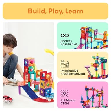 PicassoTiles 108pc 3-in-1 Marble Run Car Race Track Combo Magnetic Tiles PicassoToys Magnet Building Block Educational Construction Toy Playset STEM STEAM Learning Kit Child Brain Development PTG108 - Image 2