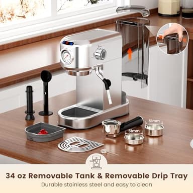 ANYCOLD Espresso Machine 20 Bar, Compact Espresso Maker, Stainless Steel Expresso Coffee Machines with Steam Milk Frother & 34oz Removable Water Tank for Home Latte, Cappuccino, Silver - Image 4