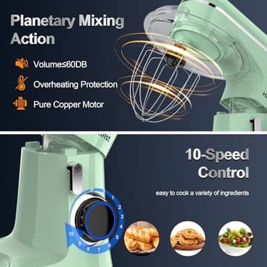 Stand Mixer, 6.5QT 10-Speed Tilt-Head Electric Stand Mixer, 3-In-1 Kitchen Mixer with Bowl, Dough Hook, Whisk and Beater, Food Mixer for Baking, Cake and Most Home Cooks, Light Green - Image 3