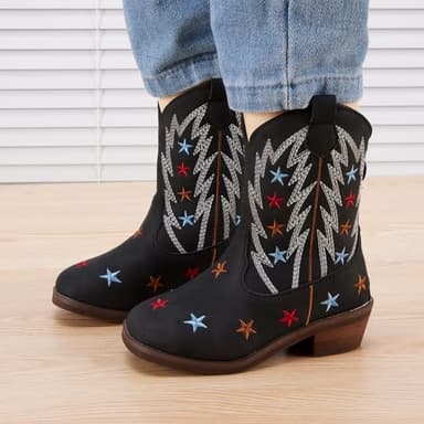 BMCiTYBM Girls Cowgirl Boots Unisex-Child Mid Calf Toddler Cowboy Boots Little Kids Western Boots Square Toe All Seasons Shoes Multi-Black Size 8 Toddler - Image 2