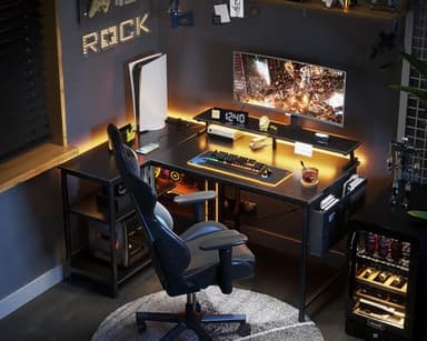 ODK 48 Inch Gaming Desk with USB Charging Ports and LED Lights, Reversible L Shaped Computer Desk with Storage Shelves & Monitor Stand, Corner Gamer Desk Table with Power Outlets, Black - Image 7