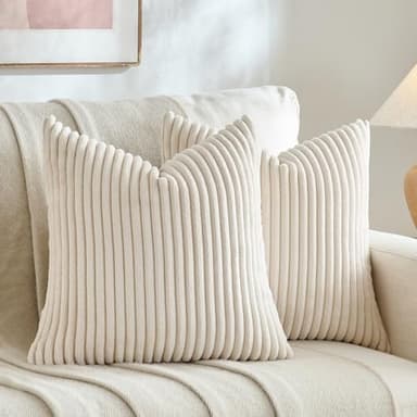 Fancy Homi Set of 2 Cream Boho Neutral Decorative Throw Pillow Covers 18x18 Inch for Couch Bed Sofa, Aesthetic Modern Farmhouse Home Decor, Soft Fluffy Corduroy Beige Cute Cushion Case 45 cm - Image 1