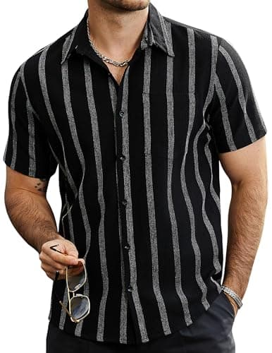 VATPAVE Mens Summer Striped Shirts Button Down Short Sleeve Vintage Beach Hawaiian Shirts with Pocket X-Large Black Vacation - Image 1