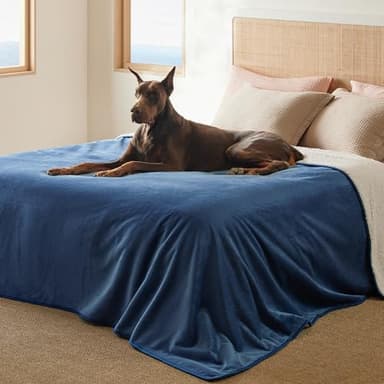 Bedsure Waterproof Blanket for Bed - Sherpa Fleece Waterproof Dog Blankets for Large Dogs, Pet Blankets for Bed/Couch/Dog Crate, Soft Plush Reversible Furniture Protector, King Size, 108"x86", Blue - Image 1
