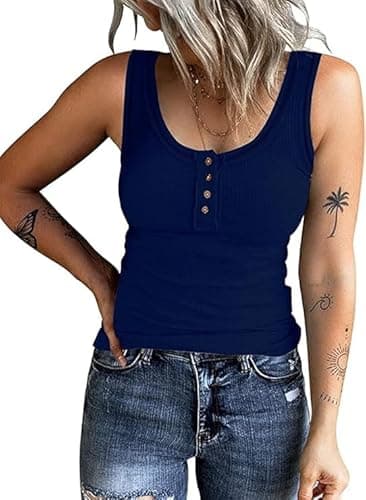 KINLONSAIR Women's Sleeveless Henley Tank Tops Ribbed V Neck Button Down T Shirts Summer Slim Fit Tee Tops Navy - Image 1