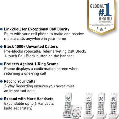 Panasonic Cordless Phone with Answering Machine, Link2Cell Bluetooth, Voice Assistant and Advanced Call Blocking, Expandable System with 4 Handsets - KX-TGD864W (White) - Image 2