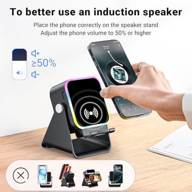 Induction Speaker with Phone Stand 5 in 1 Wireless Induction Bluetooth Audio for iPhone Android Phone Speakers Amplifier with Rechargeable Colorful Light, Birthday Gifts for Men Women Teens (Black) - Image 7