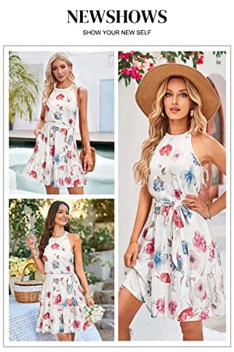 Newshows Women's 2025 Summer Dress Halter Casual Beach Vacation Outfits Hawaiian Dresses Ruffle Belted Sundress with Pockets(Floral-4, L) - Image 2