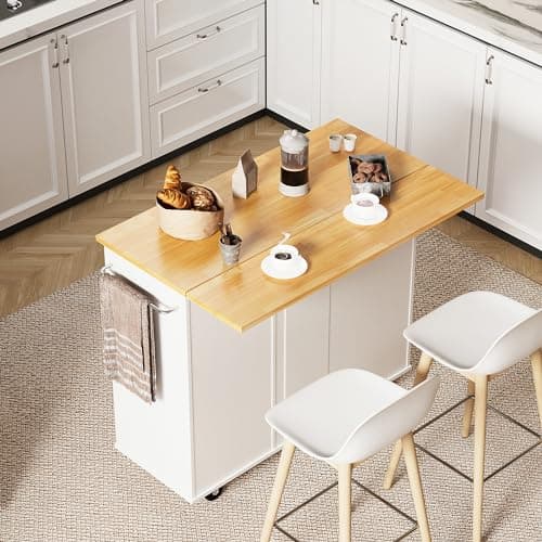 Shintenchi Rolling Kitchen Island Cart with Folding Drop Leaf Breakfast Bar, Portable Trolley Island with Large Storage Cabinet, Shelf and Drawer, White - Image 1